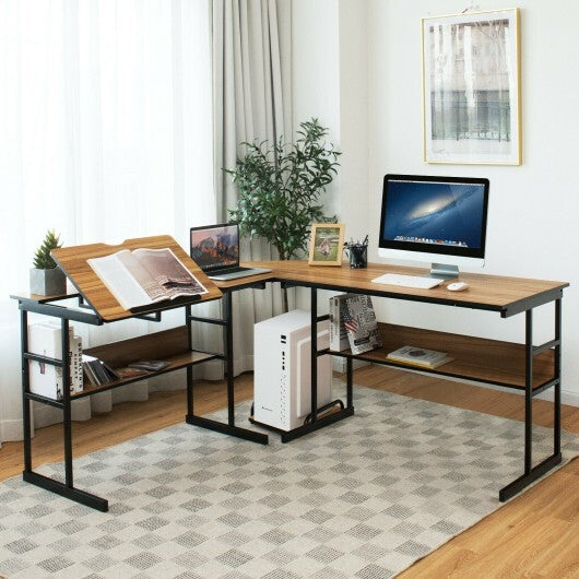 L-Shaped Computer Desk with Tiltable Tabletop-Walnut - Color: Walnut