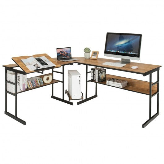 L-Shaped Computer Desk with Tiltable Tabletop-Walnut - Color: Walnut