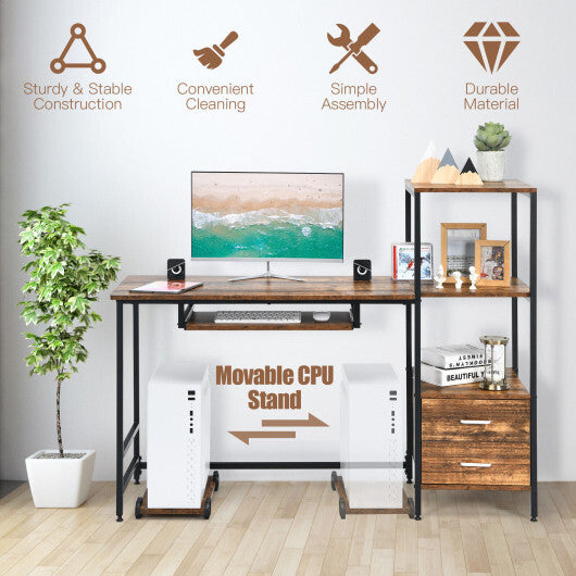 55.5 Inch Computer Desk with Movable Stand and Bookshelves-Rustic Brown - Color: Rustic Brown